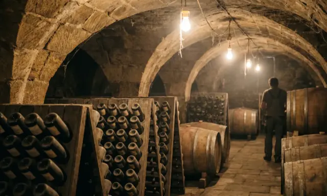 In einem alten Keller lagern Flaschen und Fässer. Ein Mann inspiziert die Reifung, die nach der **méthode champenoise** erfolgt.