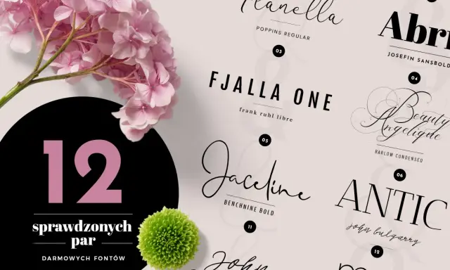 Kolekcja 12 par darmowych fontów, prezentująca różne czcionki od eleganckich po nowoczesne.