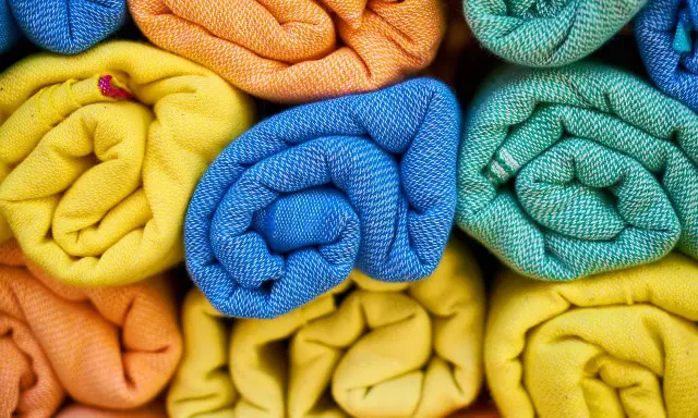 Rolled towels in vibrant colors: yellow, orange, blue, and green. These are made from biodegradable fabric, perfect for eco-conscious living.