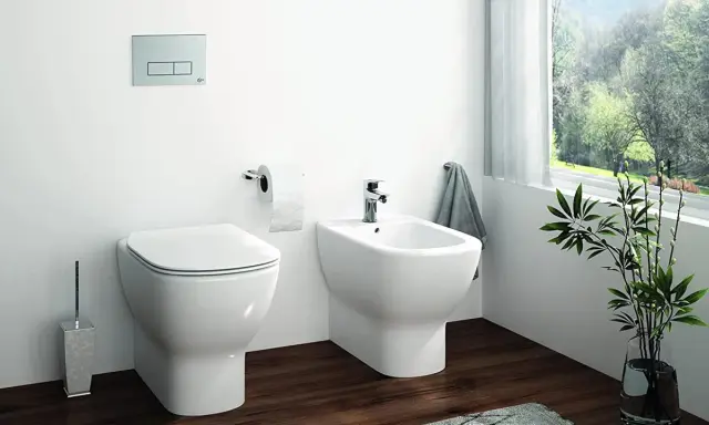 Bagno moderno con wc e bidet affiancati, un discreto muretto dietro nasconde lo scarico. Carta igienica e porta scopino completano l'arredo.