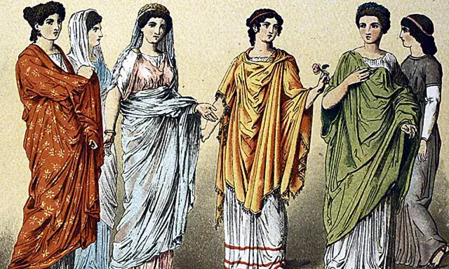 Sechs Frauen in farbenprächtiger Kleidung im alten Rom, von Rot bis Grün, mit kunstvollen Gewändern und Frisuren.