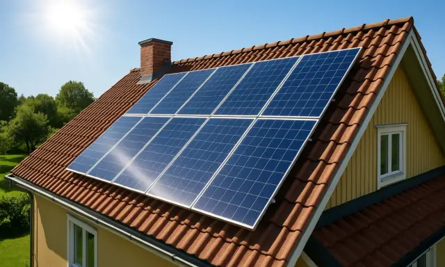 Solceller på ett tegeltak fångar solens strålar. Storlek och placering är viktiga för optimal energiproduktion.