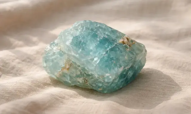 Una grezza acquamarina pietra, con sfumature azzurre e inclusioni dorate, riposa su un tessuto chiaro.