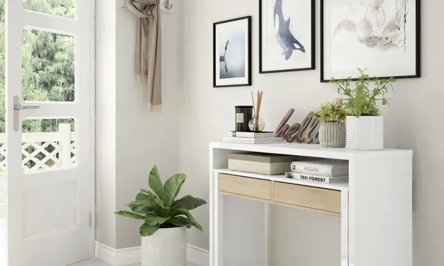 Une entrée accueillante avec un porte-manteau fait maison, des plantes et des tableaux.