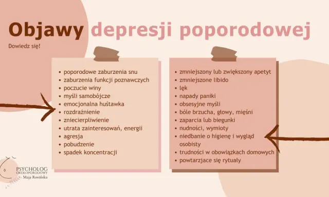 Objawy depresji poporodowej: zaburzenia snu, poczucie winy, lęk, napady paniki, trudności w obowiązkach domowych.