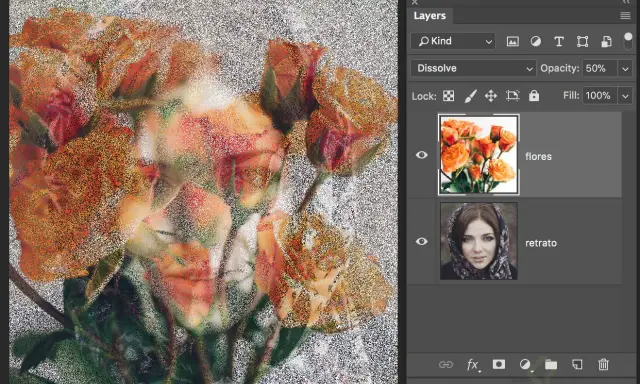 Capas de Photoshop con modo de fusión "Disolver" al 50% para fusionar un retrato con flores.