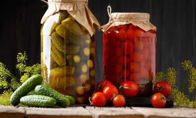 Deux bocaux de conserves, l'un de cornichons, l'autre de tomates, évoquent la culture du cornichon et des produits du jardin.