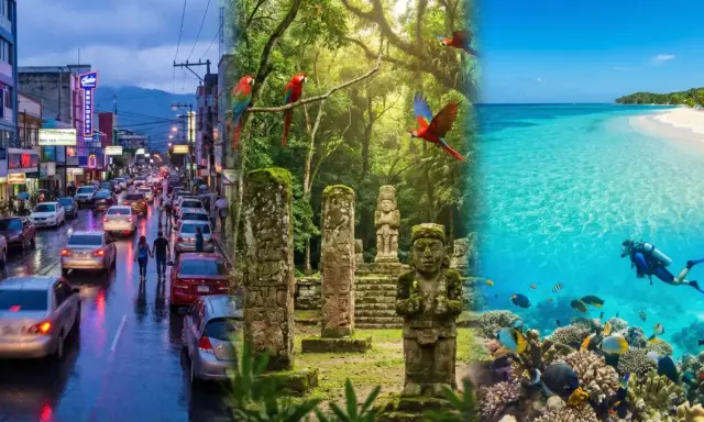 A vibrant collage showcasing the diverse beauty of gay Honduras: a bustling city street, ancient Mayan ruins with macaws, and a diver exploring a colorful coral reef.