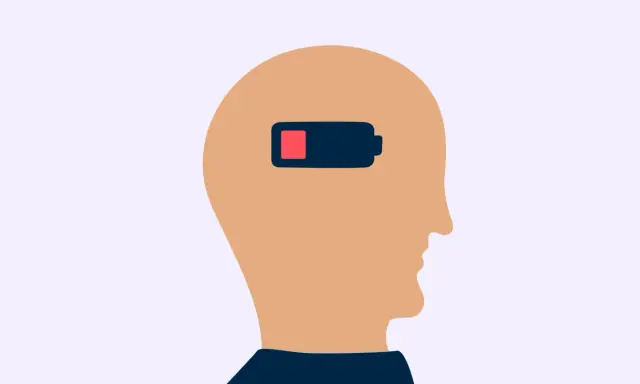 Profil av ett huvud med ett batteri inuti som visar låg laddning, en symbol för emotionell utmattning.