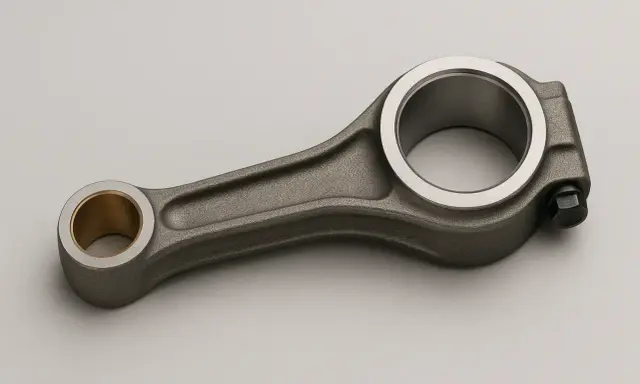 Una biela de motor de metal gris con un casquillo de bronce en un extremo y un perno en el otro.