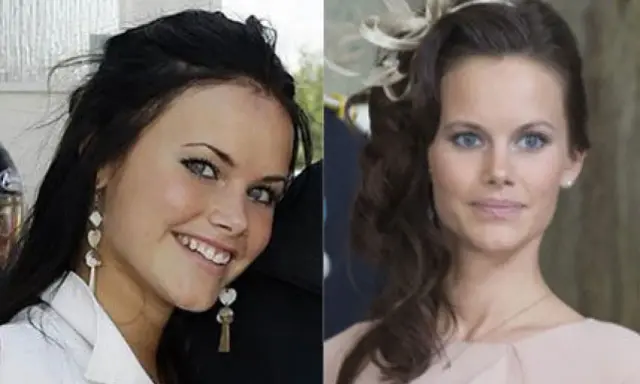 Sofia Hellqvist, före och efter Paradise Hotel. En bild visar henne ung och glad, den andra som en elegant prinsessa.