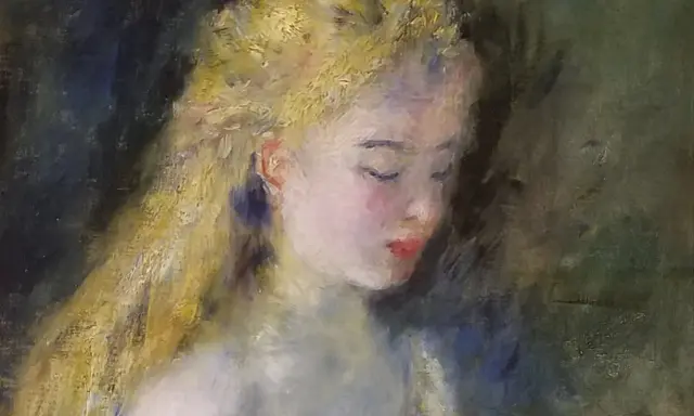 Ett drömskt auguste renoir konstverk av en ung kvinna med gyllene hår och slutna ögon, badande i mjukt ljus.