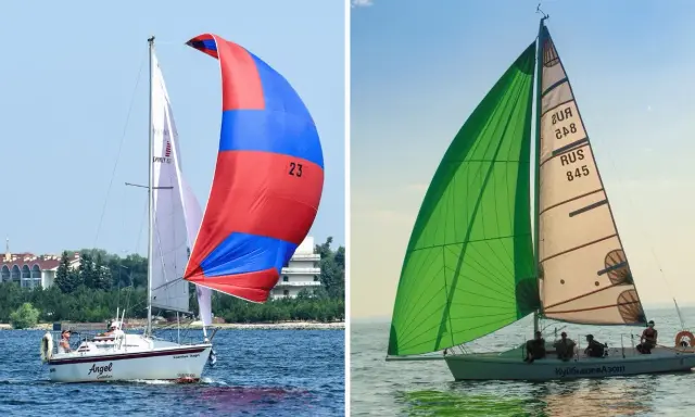 Deux voiliers naviguent sur l'eau. L'un arbore une grande voile rouge et bleue, prête à choquer. L'autre est équipé d'une voile verte éclatante.