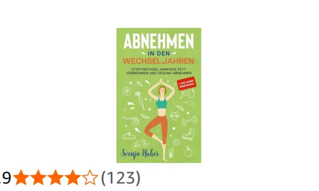 Buchcover: Abnehmen in den Wechseljahren. Tipps, um den Stoffwechsel ankurbeln, Fett verbrennen und gesund abnehmen. Mit Yoga-Figur und Icons.