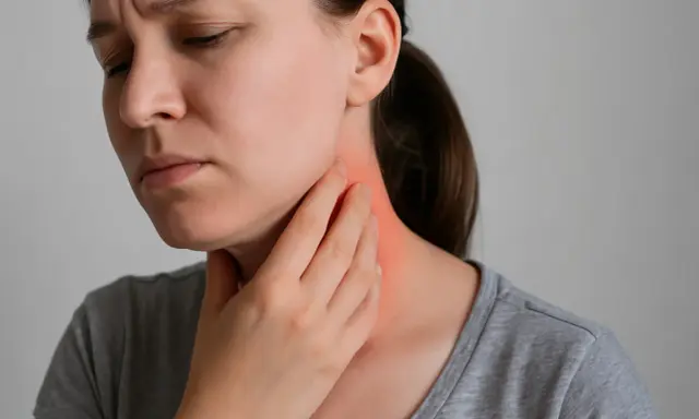Donna con mano sul collo arrossato, prova dolore alla pelle che fa male sfiorandola.