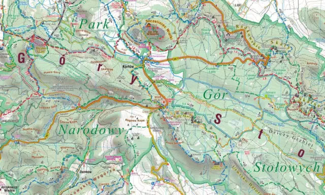 Gdzie są Góry Stołowe? Mapa turystyczna pokazuje szlaki, punkty widokowe i atrakcje Parku Narodowego Gór Stołowych.
