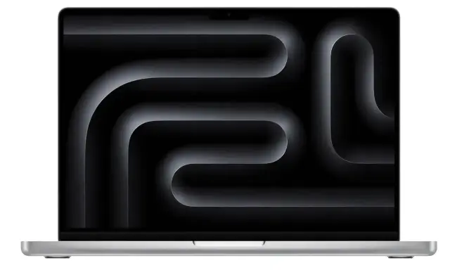 Srebrny laptop z ekranem wyświetlającym abstrakcyjny, ciemny wzór przypominający labirynt. To nowy model z procesorem Apple M3.