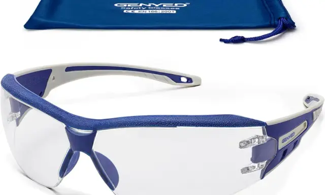 Gafas de seguridad transparentes con montura azul y gris, cumplen la norma EN 166. Incluyen bolsa de tela azul.