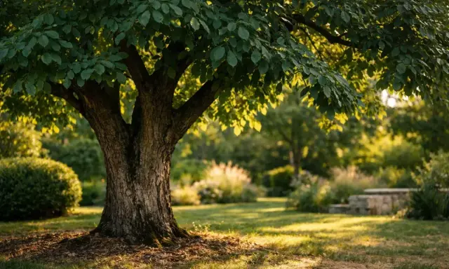 Gros tronc d'un noyer mature dans un jardin ensoleillé. Idéal pour apprendre comment planter un noyer et voir le résultat.