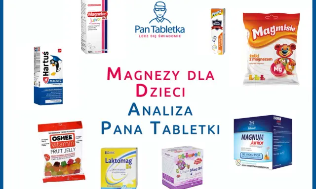 Zestawienie produktów z magnezem dla dzieci: żelki, syropy, tabletki. Magnez wspiera koncentrację i rozwój.