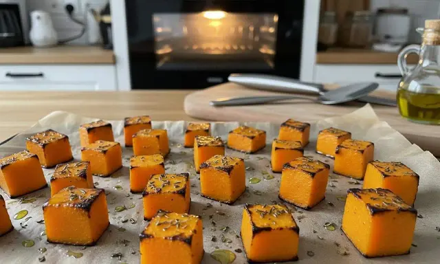 Dés cubes de courge rôtis sur une plaque de cuisson, prêts pour une délicieuse recette de courge au four. L'huile d'olive et les herbes ajoutent une touche savoureuse.