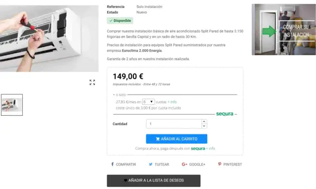 Instalación de sistemas de aire acondicionado Split Pared. Precio y opciones de pago disponibles.