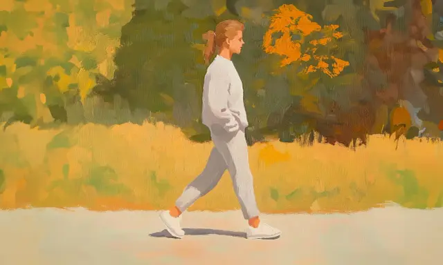 En kvinna i vita kläder promenerar i en park med höstfärger. En stund av aktiv vila i naturen.