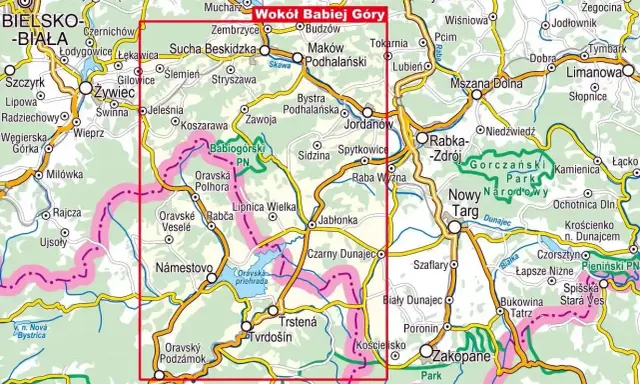 Mapa turystyczna z zaznaczonym szlakiem wokół Babiej Góry, obejmująca Beskid Żywiecki i Orawę.