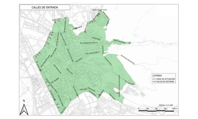 Mapa de Granada que muestra las calles de entrada y la zona de actuación. Se puede entrar al centro de Granada en coche por varias vías principales.