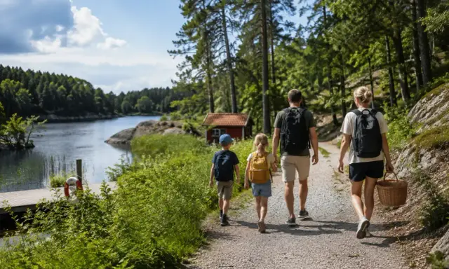 Familj på utflykt Stockholm, vandrar längs en sjö med ryggsäckar och picknickkorg.