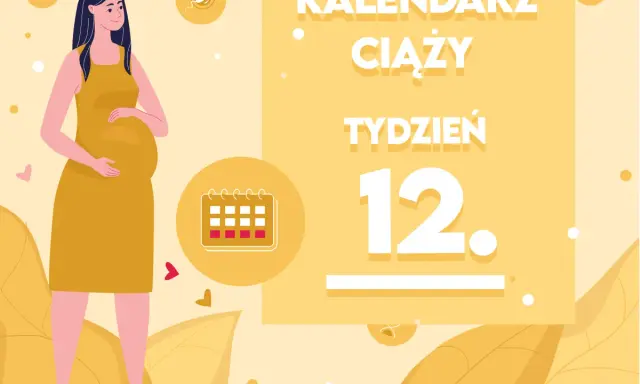 Kobieta w żółtej sukience, w 12 tygodniu ciąży, trzyma dłoń na brzuchu. Obok kalendarz i napis "Kalendarz ciąży - tydzień 12".