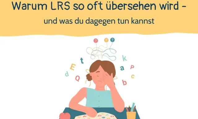 Ein Kind mit Lernschwäche kämpft mit Buchstaben und Fragen. Die Überschrift fragt, warum LRS oft übersehen wird.