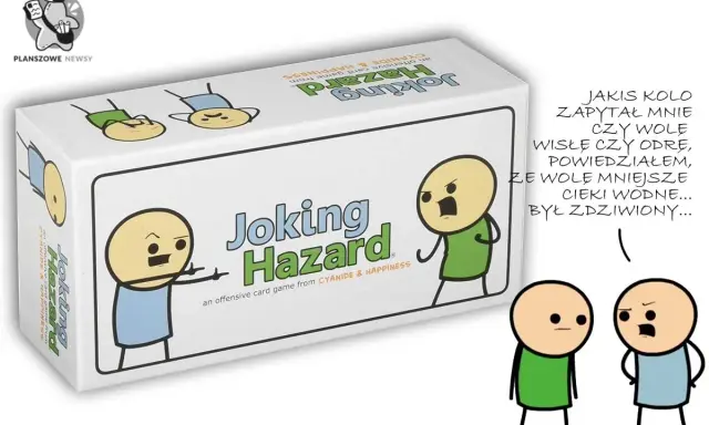 Pudełko gry Joking Hazard. Dwóch bohaterów z gry rozmawia, jeden opowiada żartobliwie o wyborze między Wisłą a Odrą.