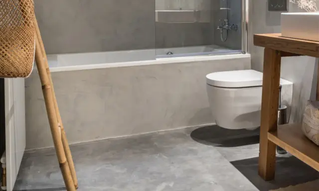 Baño moderno con ducha y WC suspendido. El suelo de microcemento y paredes grises dan un toque minimalista. Ideal para calcular el precio reforma baño 4 m2.