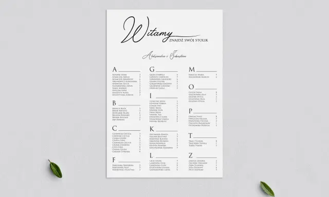 Lista gości weselnych z podziałem na stoliki. Znajdź swoje miejsce przy stoliku A, B, C, F, G, I, K, L, M, O, P, T lub Z.