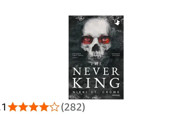Copertina di "The Never King" di Nikki St. Crowe, con un teschio inquietante dagli occhi rossi.