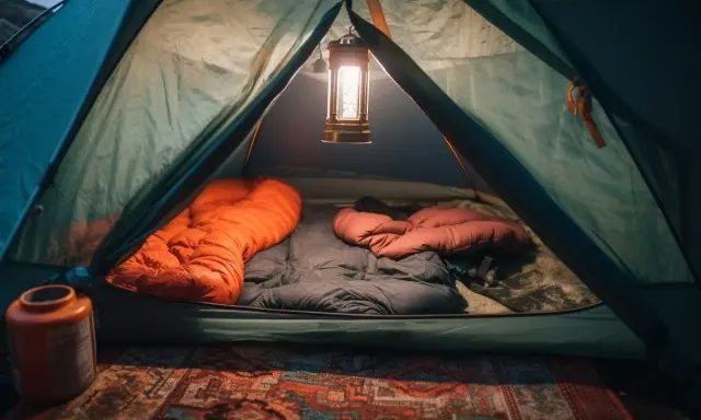 Wnętrze namiotu gotowe do spania. Dwa śpiwory, pomarańczowy i brązowy, czekają na noc. Lampion rzuca ciepłe światło.