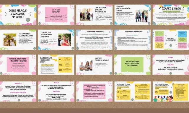 Grafika przedstawia kolaż slajdów z poradami dotyczącymi szacunku i dobrych relacji w szkole.
