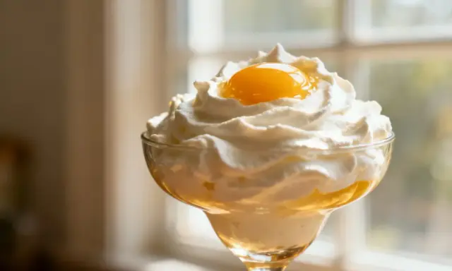 Dessert crémeux avec chantilly mascarpone aérienne et une touche de jaune d'œuf. Parfait pour conserver la fraîcheur.
