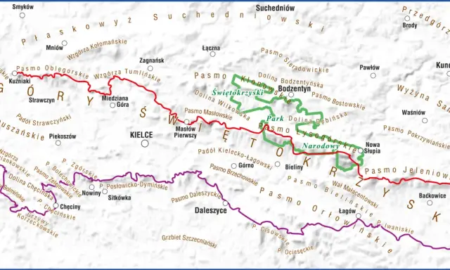 Mapa turystyczna z zaznaczonym szlakiem świętokrzyskim, prowadzącym przez Pasmo Łysogórskie, Bodzentyn i Kielce.