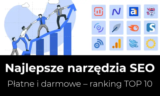 Zespół wspina się po wykresie, symbolizując sukces dzięki najlepszym narzędziom SEO. Ikony reprezentują różne funkcje.