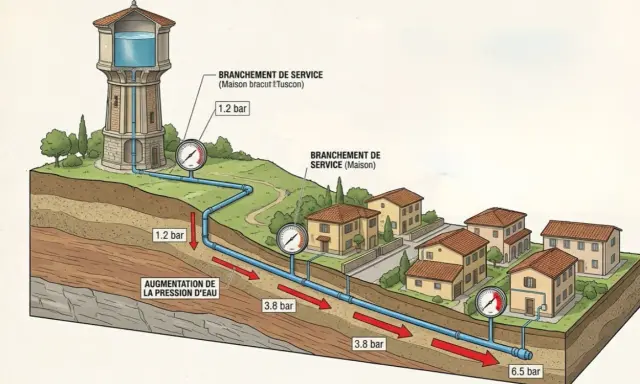 Schéma montrant la distribution d'eau. La pression de l'eau à la maison varie, passant de 1.2 bar près du château d'eau à 6.5 bar plus loin.