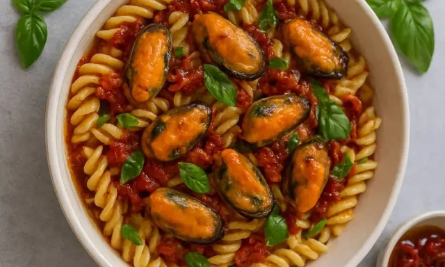 Pasta fusilli con mejillones y salsa de tomate casera, decorada con hojas de albahaca fresca. Un plato delicioso y lleno de sabor.