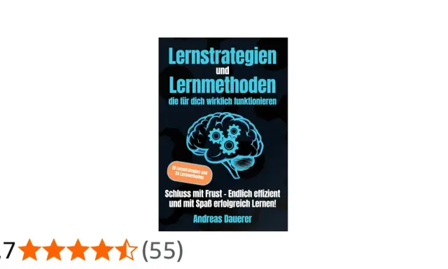 Buchcover mit Gehirn-Grafik und Zahnrädern. Titel: "Lernstrategien und Lernmethoden, die für dich wirklich funktionieren". Enthält 19 Lernstrategien und 33 Lernmethoden.