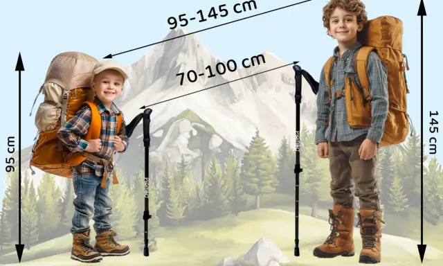 Dwóch chłopców z plecakami i kijki w góry. Mniejszy ma 95 cm, większy 145 cm. Wskazówki dotyczące długości kijków: 70-100 cm i 95-145 cm.