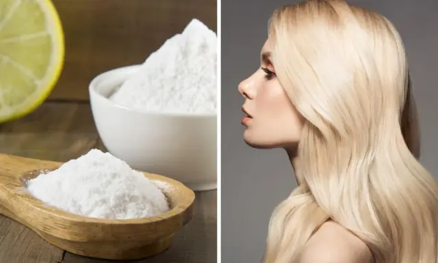 Bicarbonato in ciotola e cucchiaio, accanto a una donna con capelli biondi luminosi. Un rimedio naturale per la cura dei capelli.