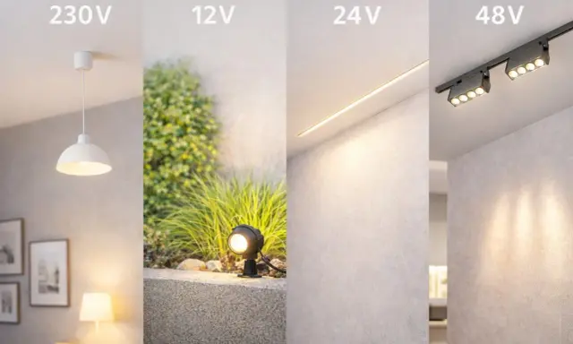 Różne rodzaje oświetlenia: lampa wisząca 230V, ogrodowa 12V, liniowa 24V i reflektory 48V. Różne napięcie znamionowe, różne zastosowania.