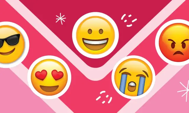 Emojis representan el ciclo menstrual fases emocionales: feliz, enamorado, llorando, enfadado y cool.