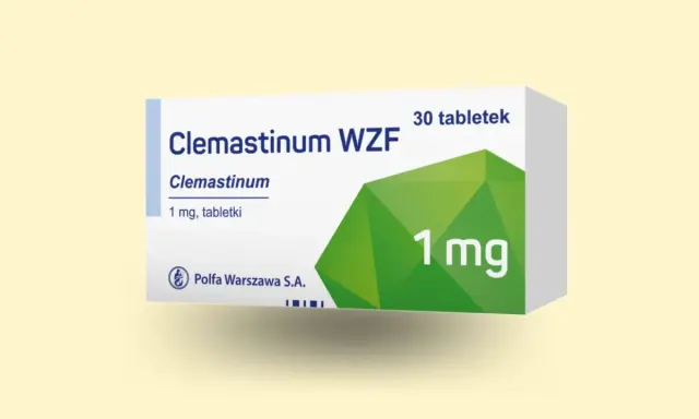 Opakowanie leku Clemastinum WZF 1 mg. Informacje o dawkowaniu można znaleźć w ulotce.
