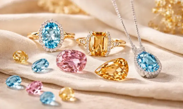 Gioielli con pietre preziose: anelli con topazio pietra blu e giallo, un pendente con topazio pietra blu e gemme rosa.